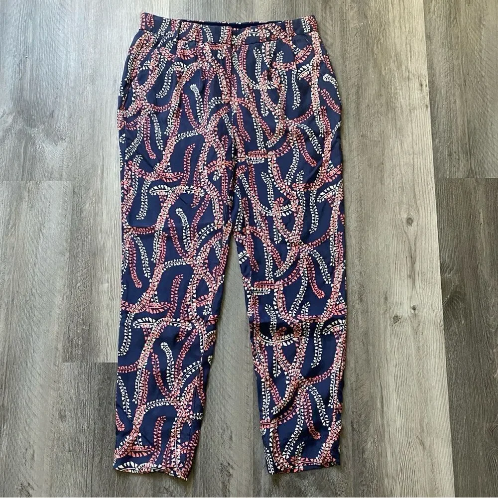 J. Crew Silk Pants Navy Coral Print Sophisticated Size 0